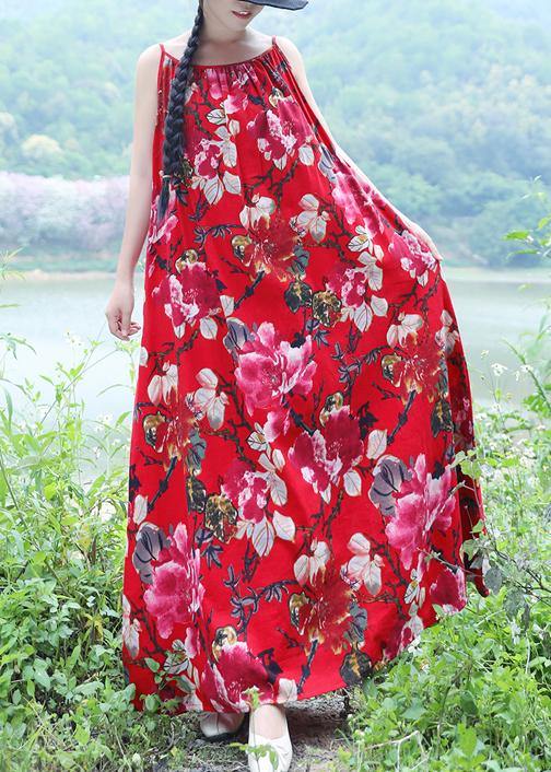 100% red floral linen sleeveless long summer Dresses