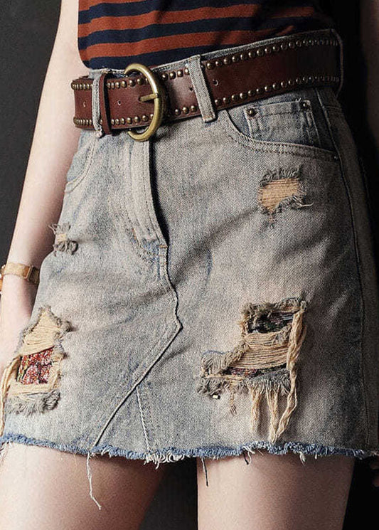 Sexy Grey High Waist Tassel Pockets Cotton Denim Ripped Skirts Cozy