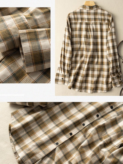 100% Natural Fabric Vintage Loose Mid Length Plaid Shirt