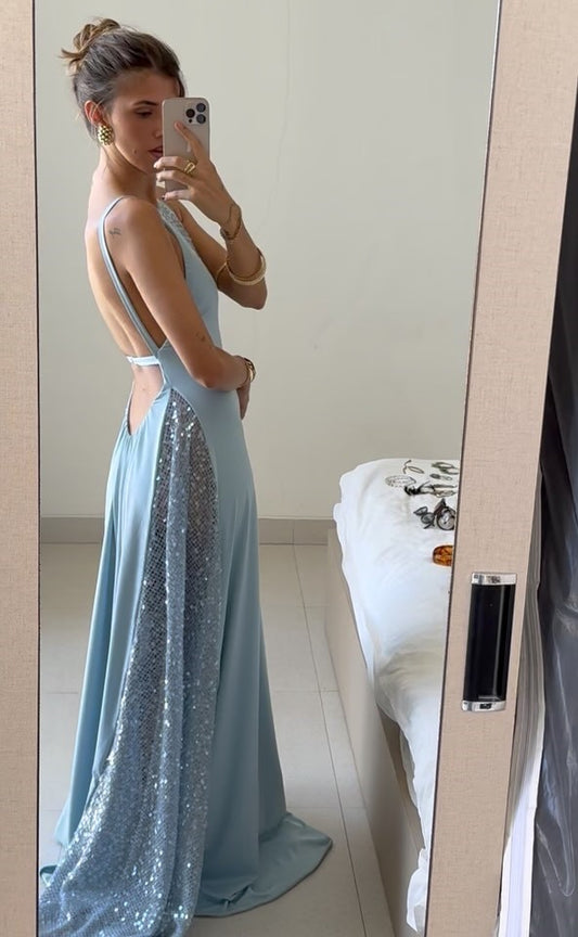 Light Blue Halter Neck Open Back Sequin Panel Drape Maxi Dress | Luxury Elegant Evening Gown