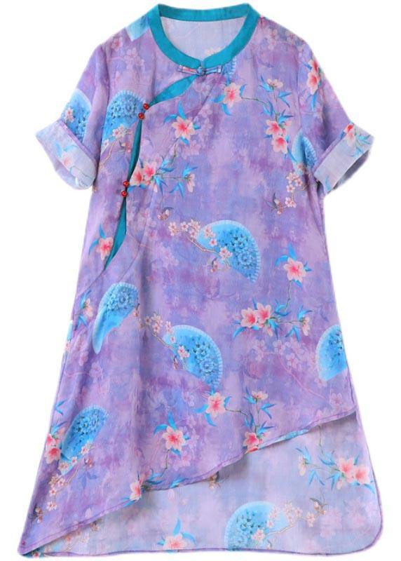Vintage Purple Print Linen asymmetrical design Shirt Summer