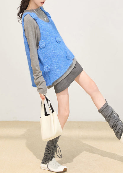 Gradient Blue Floral Knit Vests Oversized Winter
