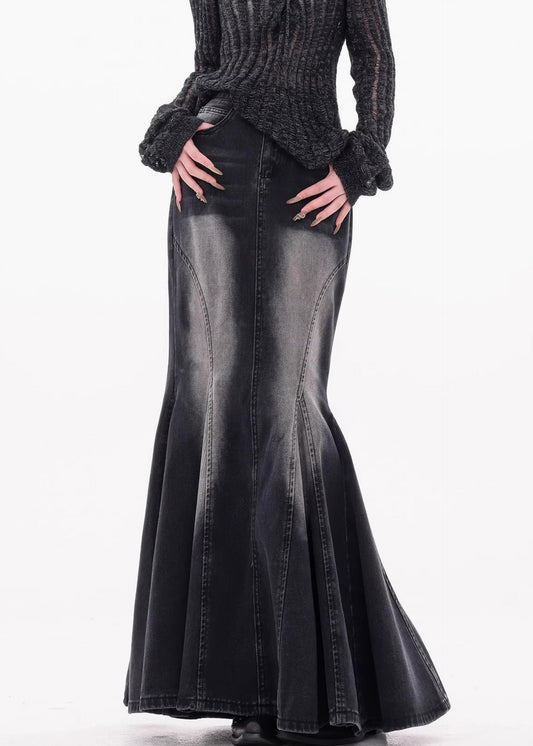 Vintage Black Pockets High Waist Denim Maxi Skirts Fall