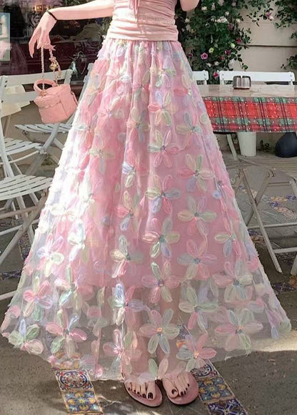Pink Sequins Tulle A Line Skirts Elastic Waist