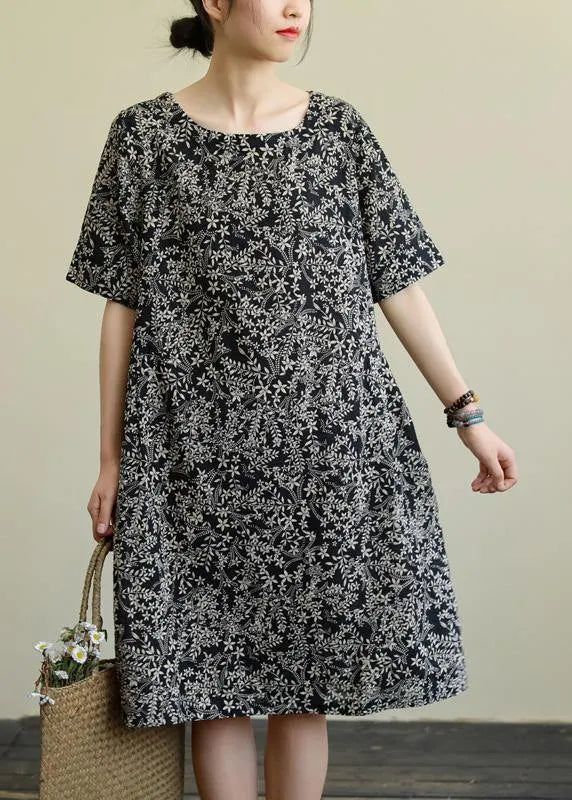 DIY o neck pockets linen summer dress pattern black print Dresses
