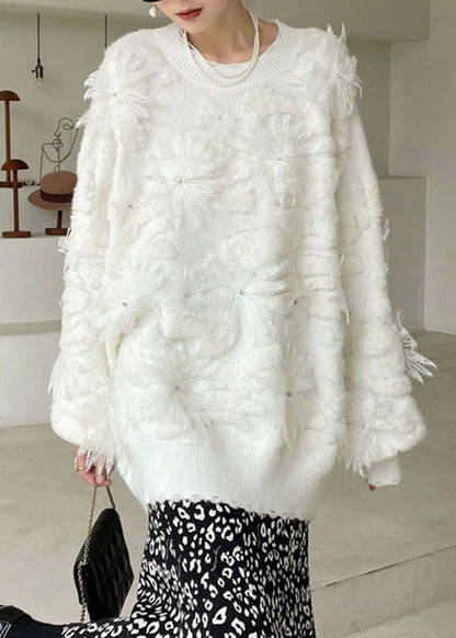 Plus Size Women White Lace Floral Knit Pullover