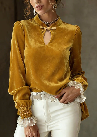 Fitted Yellow Hollow Out Silk Velour Shirts Spring