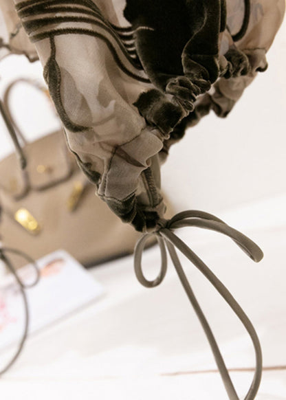 Art Grey V Neck Floral Tie Lace Tulle Top Lantern Sleeve