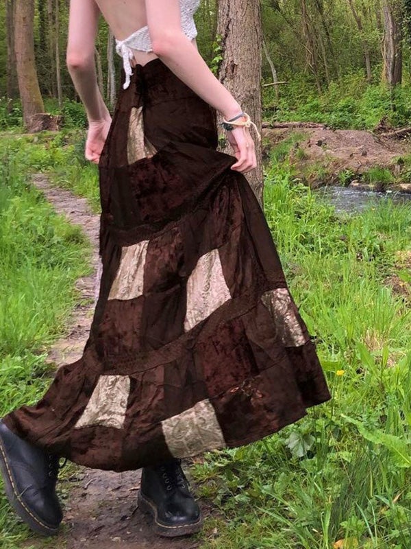 Women's Skirts Retro Contrast Stitching Velvet Long Skirt
