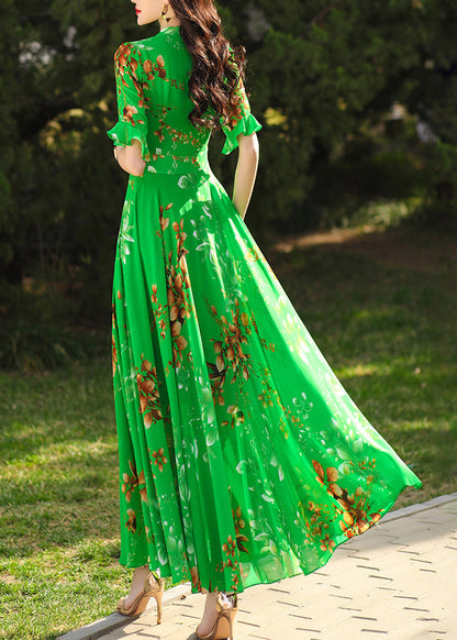 Chic Green Ruffled Print Chiffon Maxi Dresses Summer