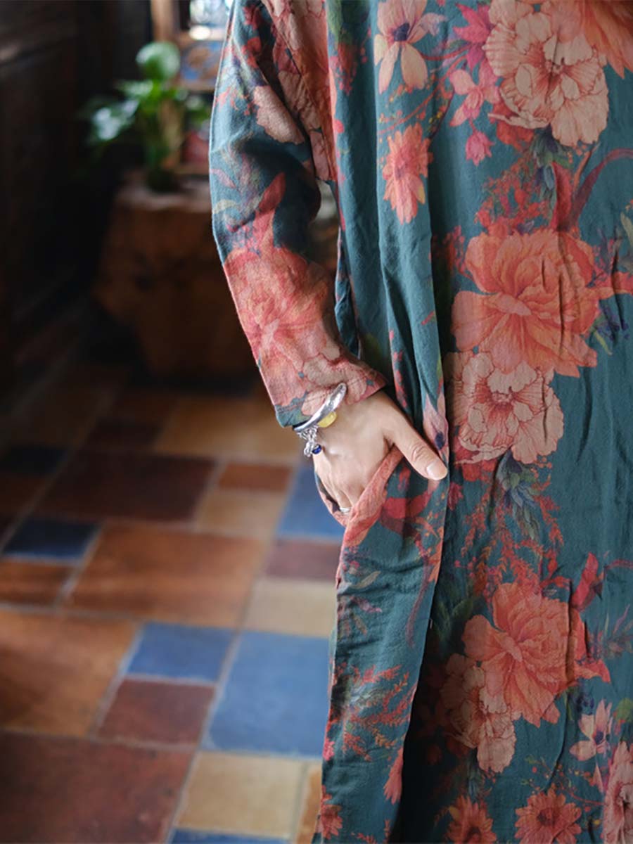 Women Vintage Floral Print V-Neck Loose Dress