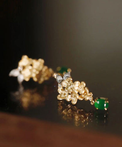 Vintage Green StCopper Zircon Jade Floral Tasselud Earrings