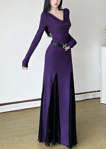 DIY Purple Turtle Neck Patchwork Cotton Party Dress Spring