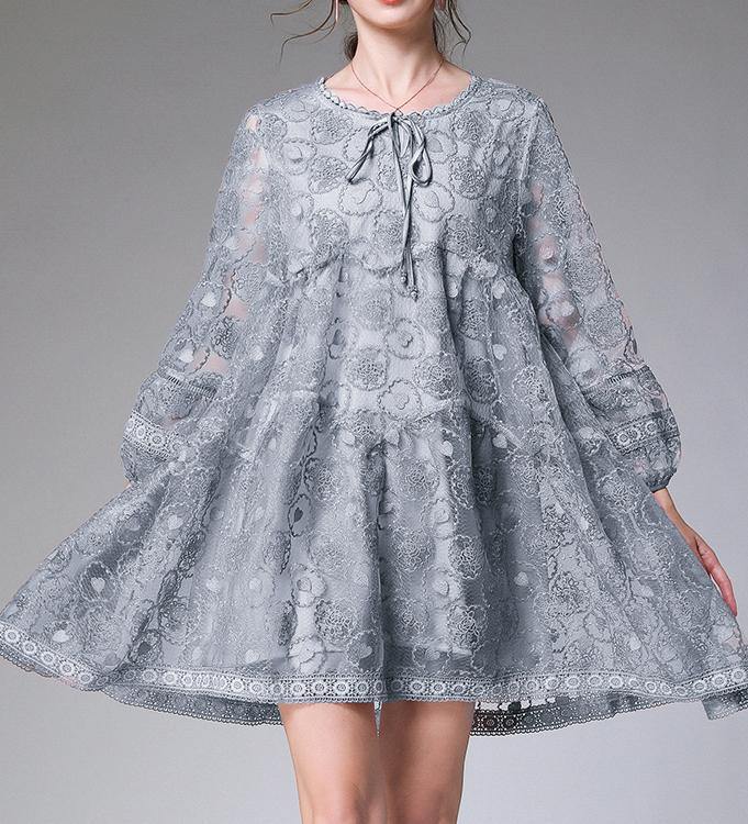 Vintage Grey Long sleeve Lace Summer Maxi Dresses