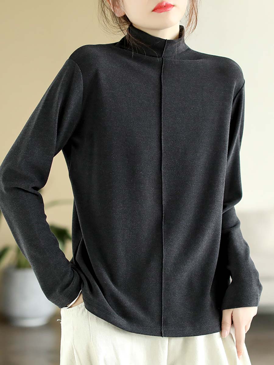 Women Autumn Artsy Solid Warm Turtleneck T-shirt