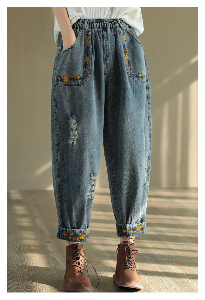 Vintage Ripped Embroidered Denim Harem Pants