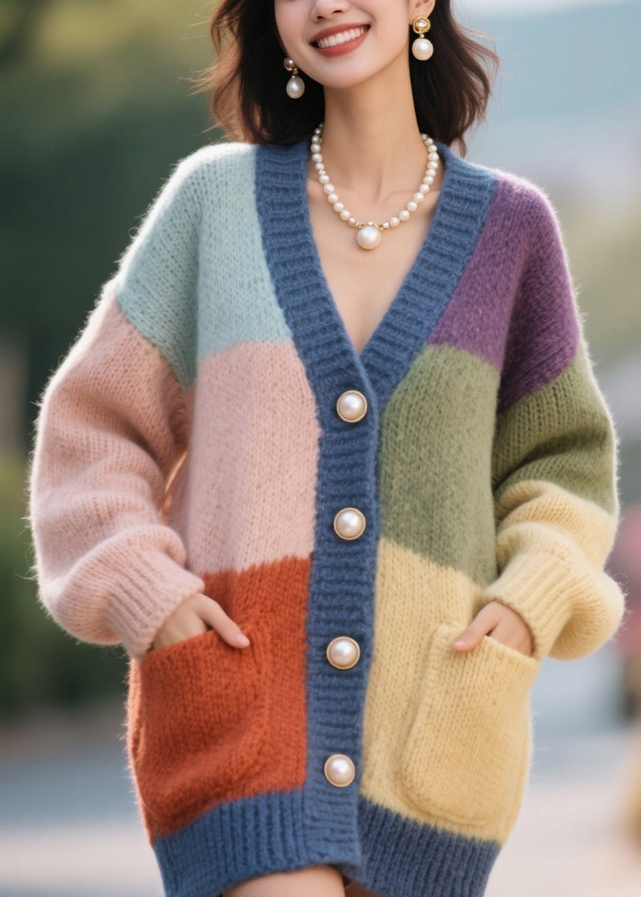 Plus Size Colorblock Button Pockets Patchwork Knit Cardigan Fall