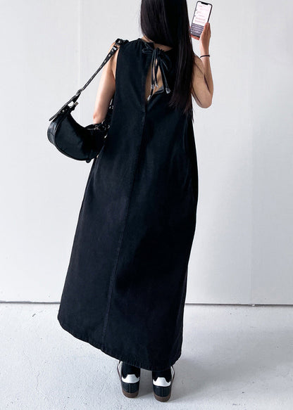 Black Pockets Solid Long Dress O Neck Denim Summer