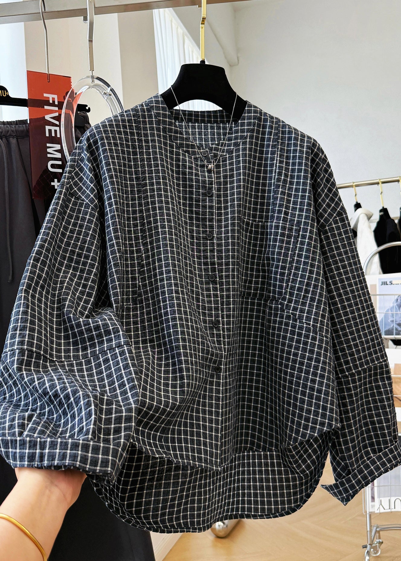 Casual Black Plaid Stand Collar Pockets Cotton Shirt Top Fall