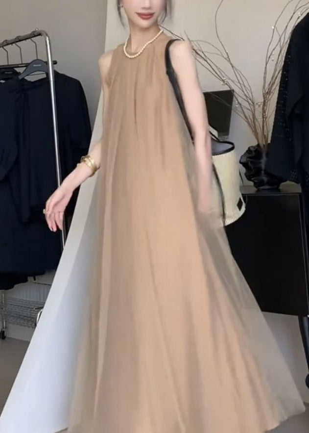 Classy Khaki Draping Chiffon A Line Dresses Sleeveless