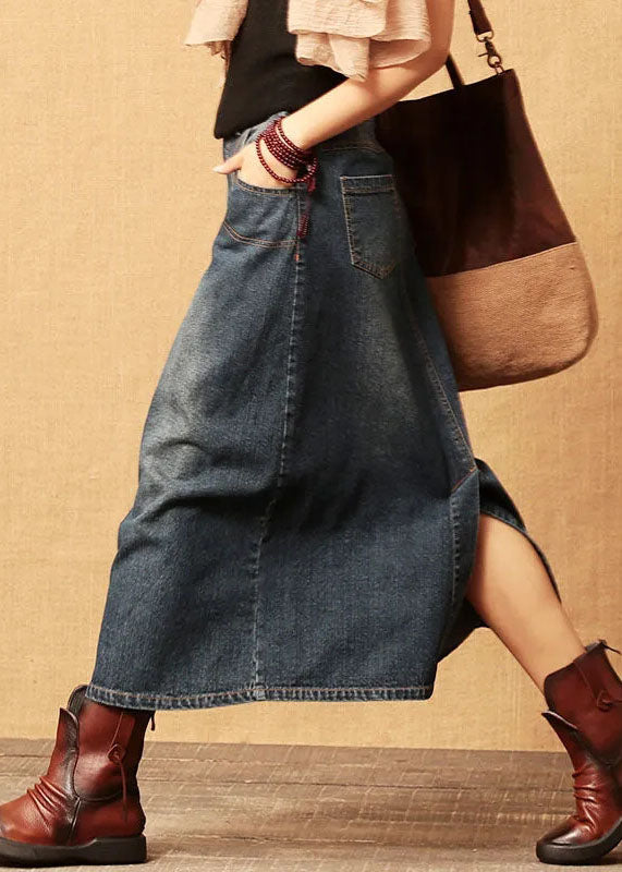 Dark Blue Patchwork Cotton Denim Skirt High Waist Side Open Cozy
