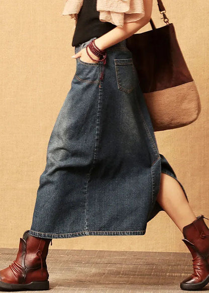 Dark Blue Patchwork Cotton Denim Skirt High Waist Side Open Cozy