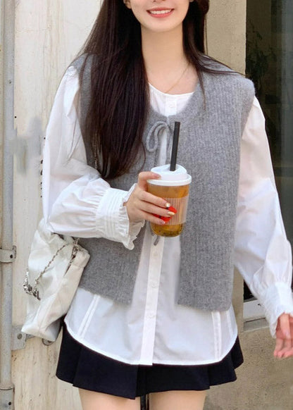 Style Grey O-Neck Tie Lace Cotton Knit Waistcoat Sleeveless