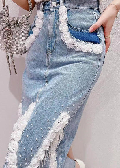 Boho Light Blue Tassel Patchwork High Waist Deninm Skirt Summer