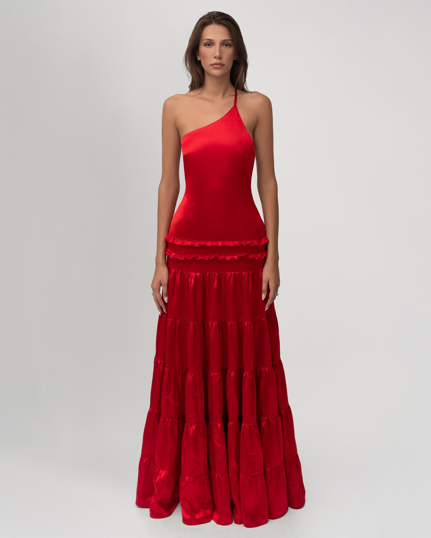 One-Shoulder Open-Back Satin Tiered Maxi Dress