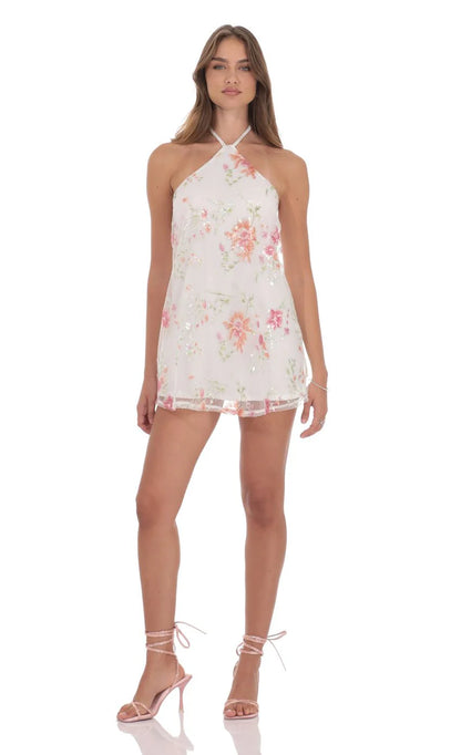 Floral Sequin Halter Shift Dress in White