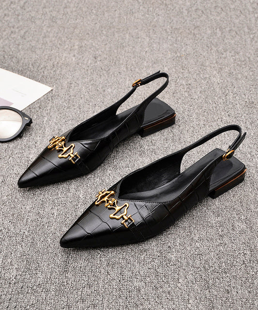 Fashion Sequined Splicing Sandals Black Cowhide Leather Pointed Toe