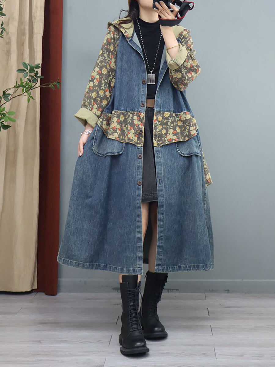 Women Denim Patchwork Print  Hooded Long Coat