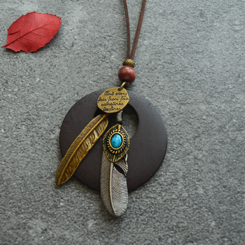 Vintage Feather Leaf Pendant Long Necklace