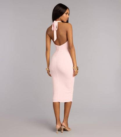 Chic Cutie Ribbed Knit Halter Midi Dress