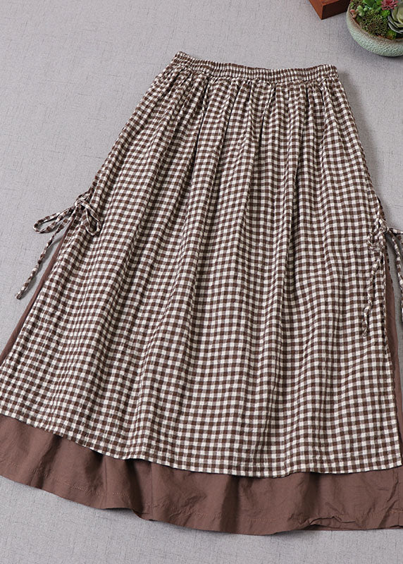 French Black Plaid side open tie Skirt Spring