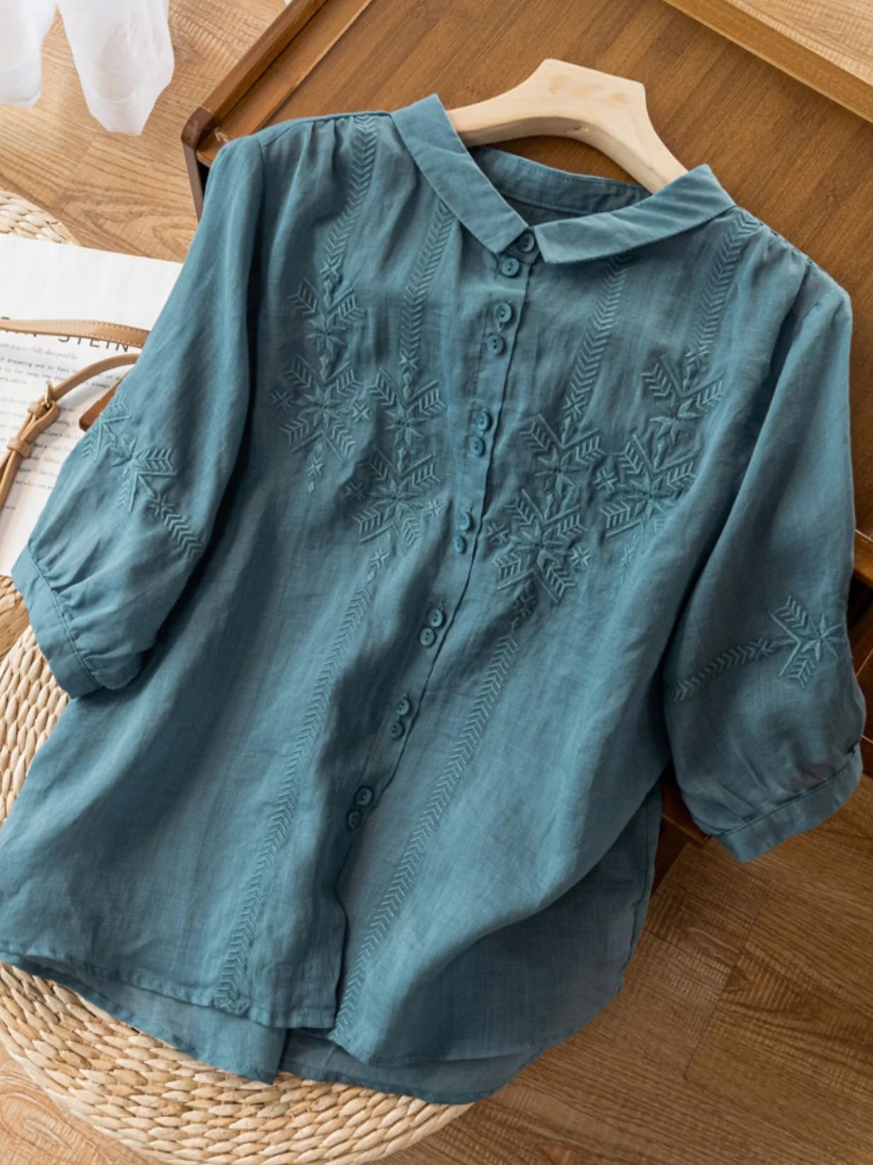 Embroidered Half Sleeve Casual Linen Shirt Top