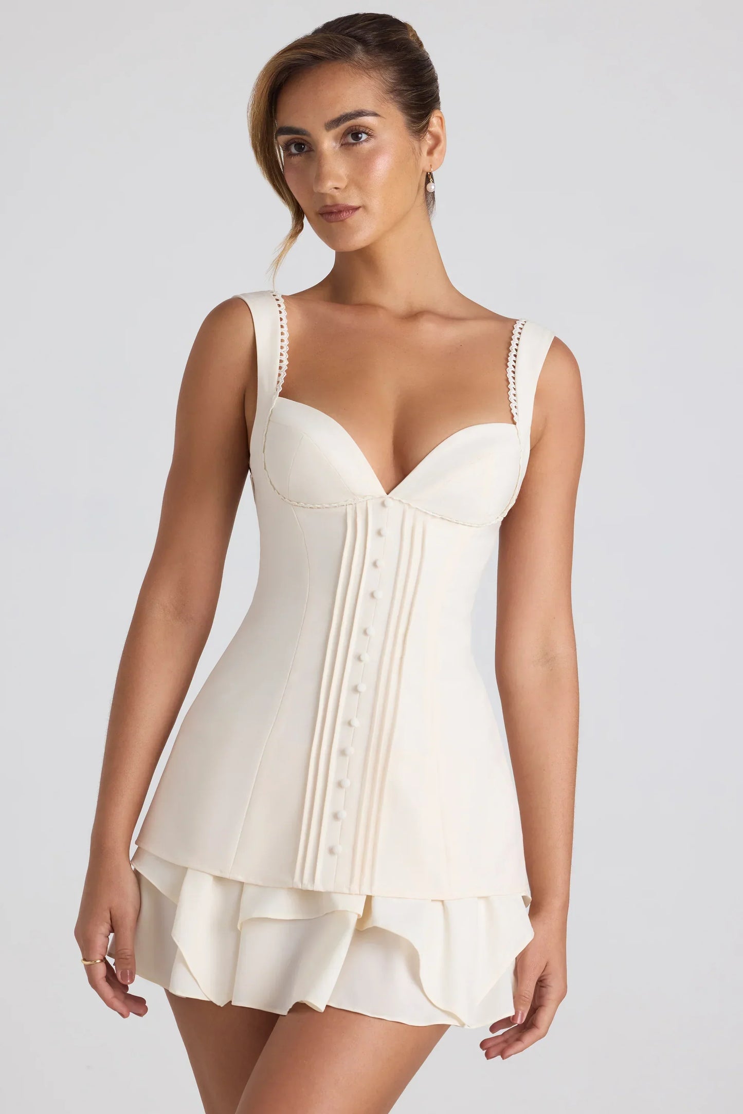 Ruffle-Trim Button-Detail Corset Mini Dress In Ivory
