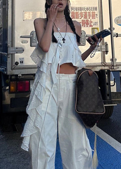 Sexy White Asymmetrical Hollow Out Cotton Tank Sleeveless
