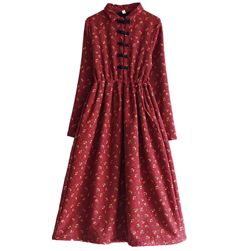 Autumn Winter Retro Floral Plush Thicken Dress