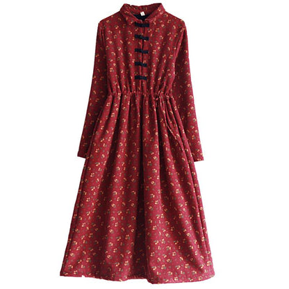 Autumn Winter Retro Floral Plush Thicken Dress