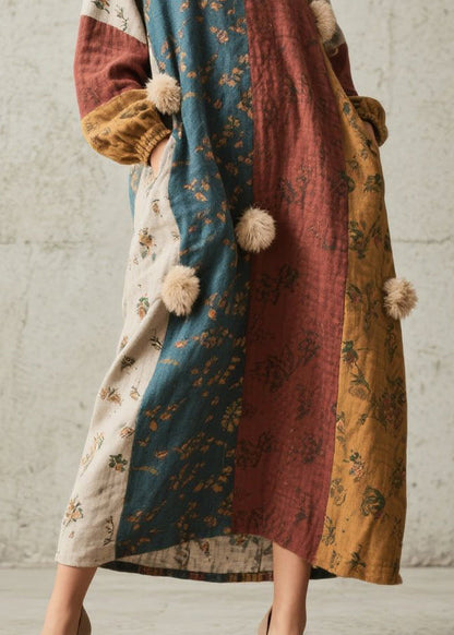 Chic Colorblock Print Fuzzy Ball Decorated Cotton Dress Fall