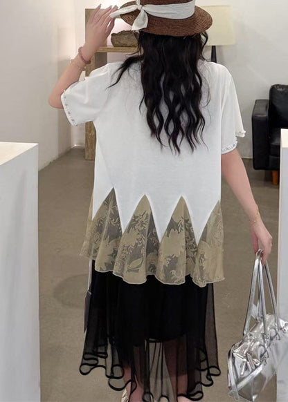 Elegant White Oversized Patchwork Tulle Tops Summer