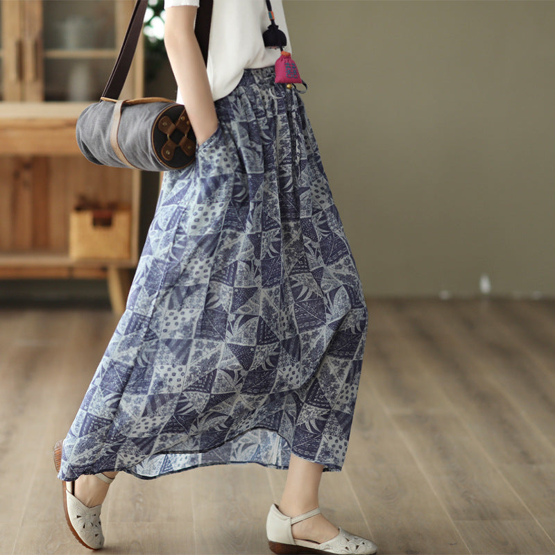 Cozy Floral Printed Linen A-Line Double Layers Skirt