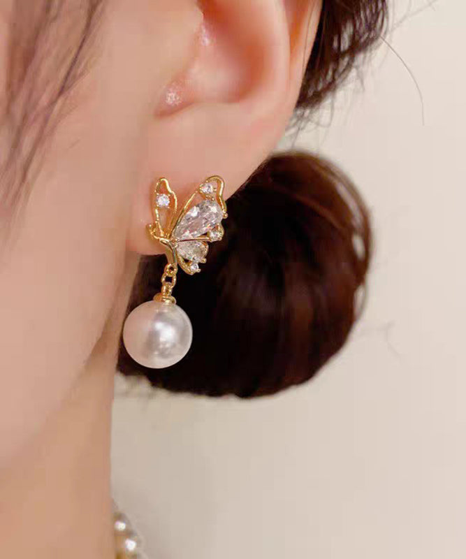 Fashion Gold Copper Overgild Zircon Pearl Butterfly Drop Earrings
