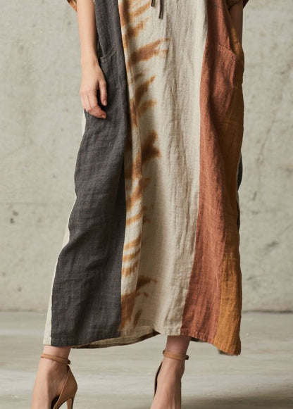 Retro Brown Oversized Patchwork Cotton Holiday Dress Summer