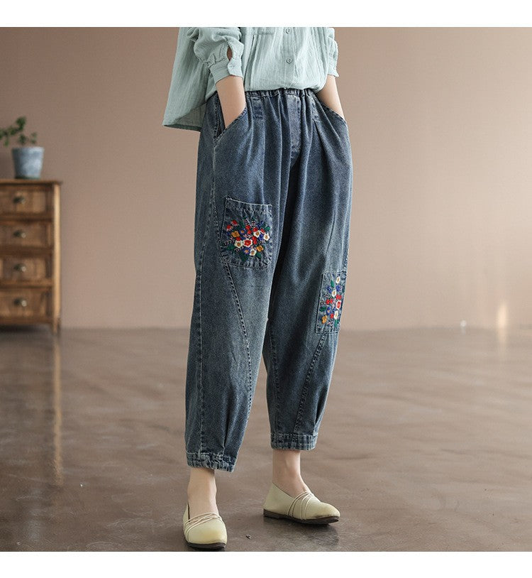 Pocket Embroidery High Waist Literary Retro Nine-point Harem Pants