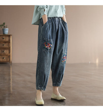 Pocket Embroidery High Waist Literary Retro Nine-point Harem Pants