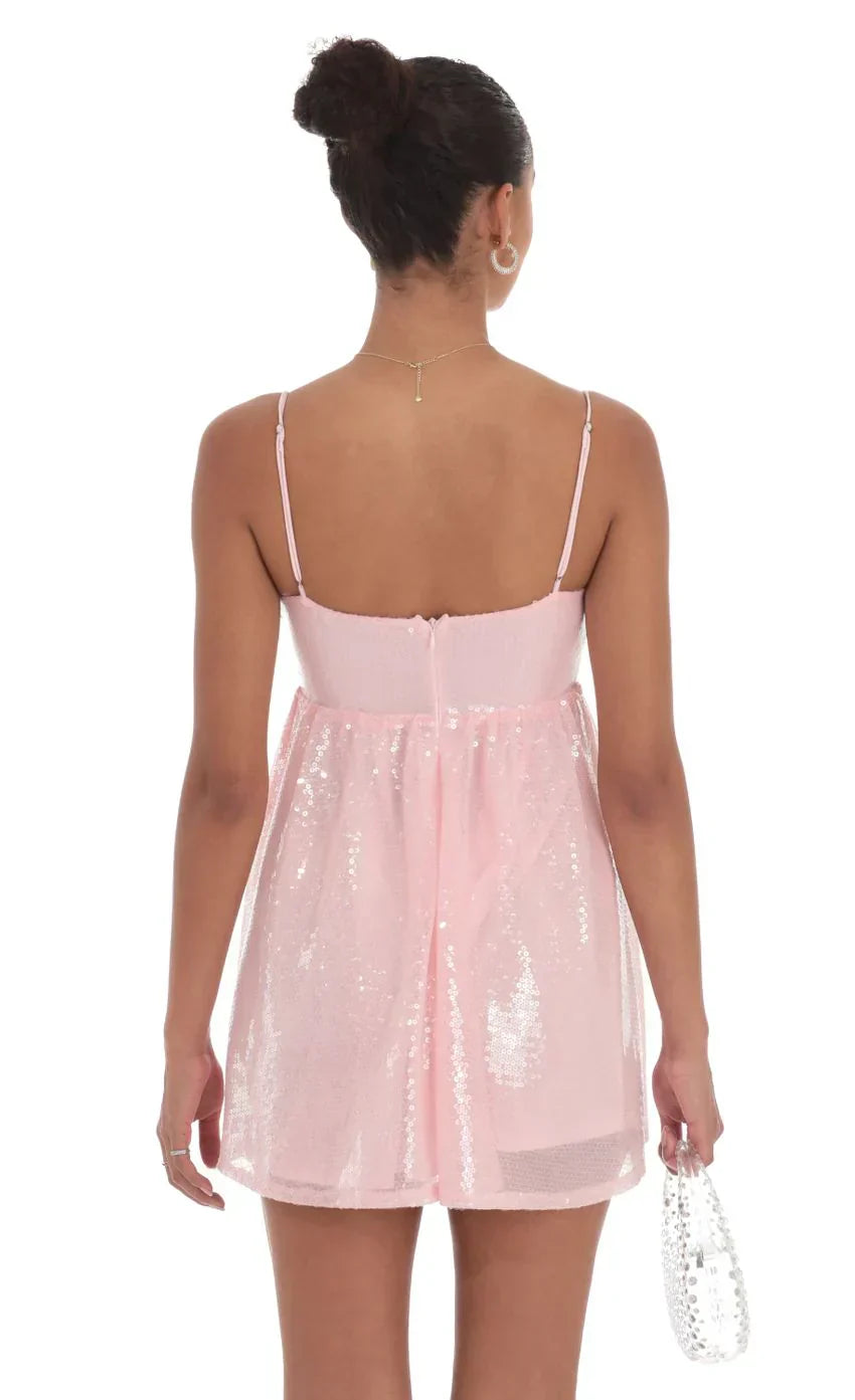 Sequin Front Bow Babydoll Dress In Pink