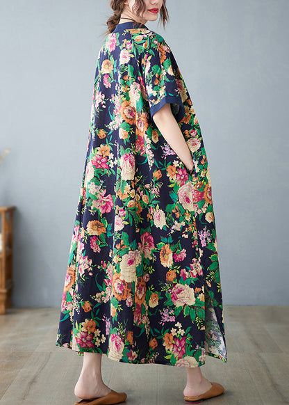 Art Navy Print Cotton Dress Oversized Summer