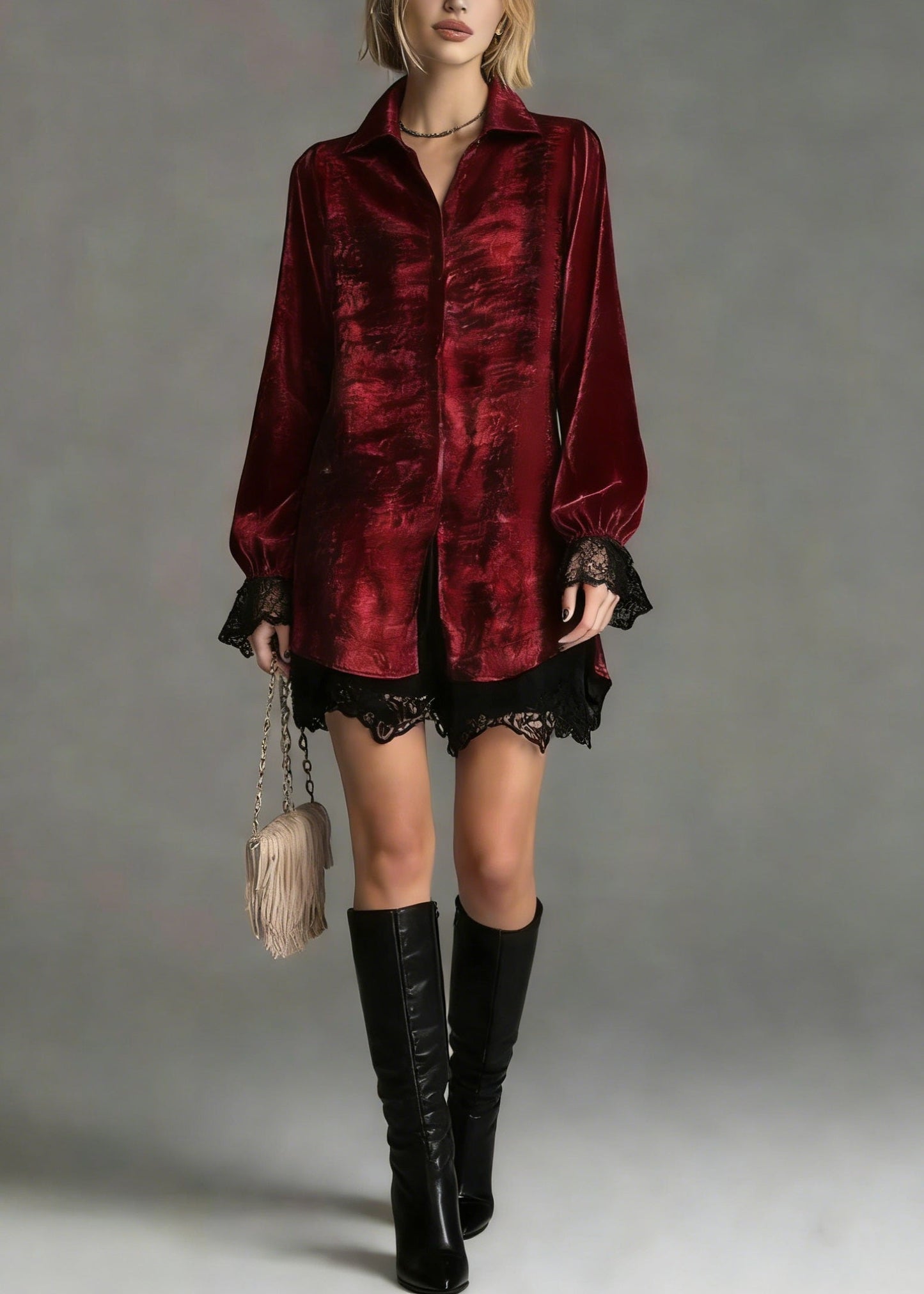 Fashion Red Peter Pan Collar Lace Patchwork Silk Shirt Top Spring